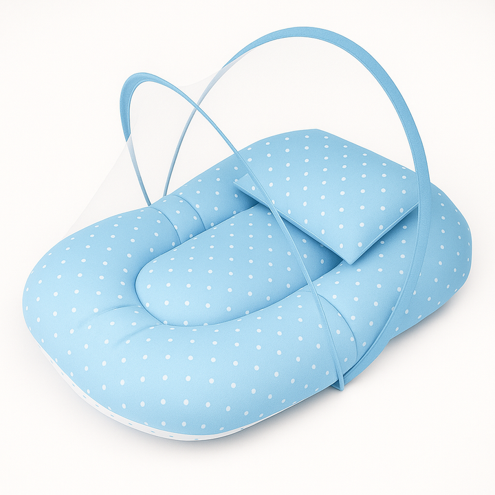 Soft sky blue polka dot baby carry nest with mosquito net – lightweight newborn sleeping bed from Babify Store.