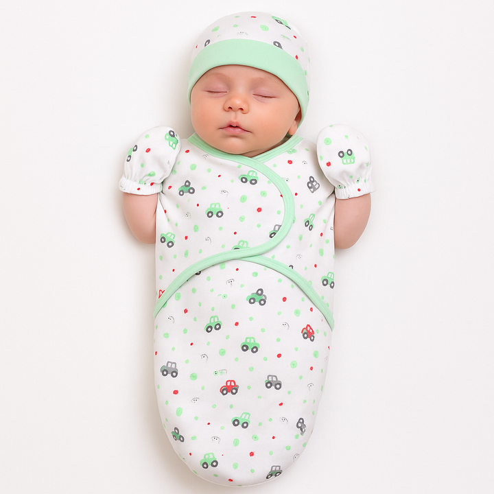 Baby swaddle with cap and mittens interlock cotton newborn wrap hearts cars design