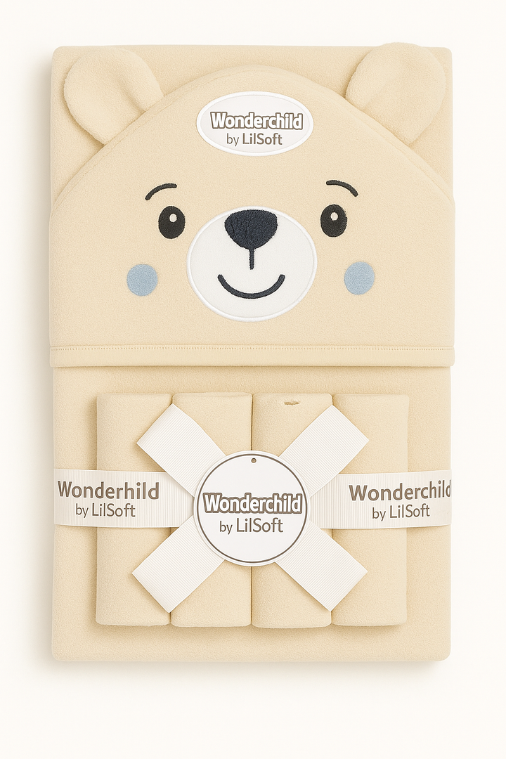 Adorable baby character hooded bath towel made from soft, absorbent fabric. Perfect for keeping your little one warm and cozy after bath time.