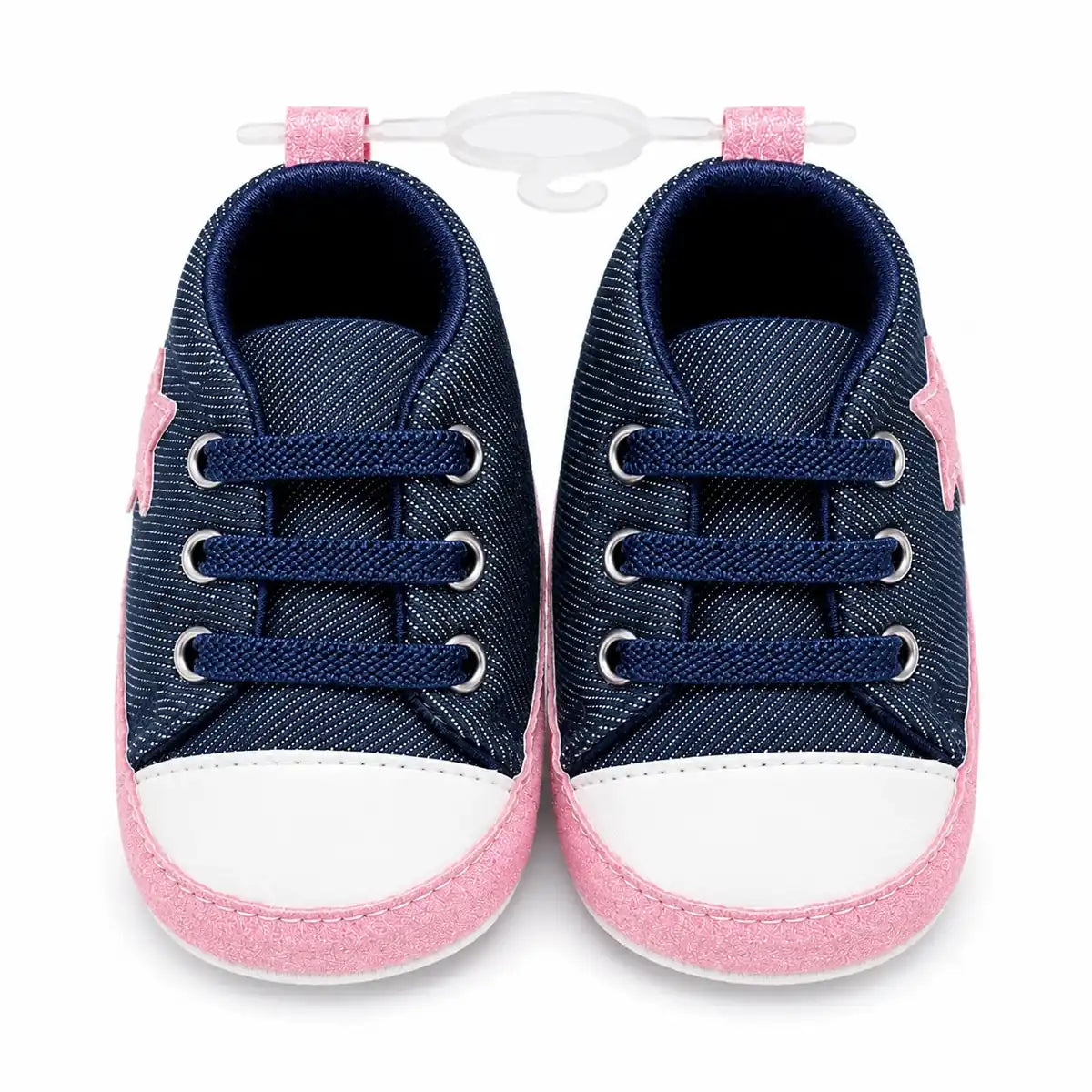 Navy blue and pink denim baby girl first walker shoes with elastic laces and white toe – front view