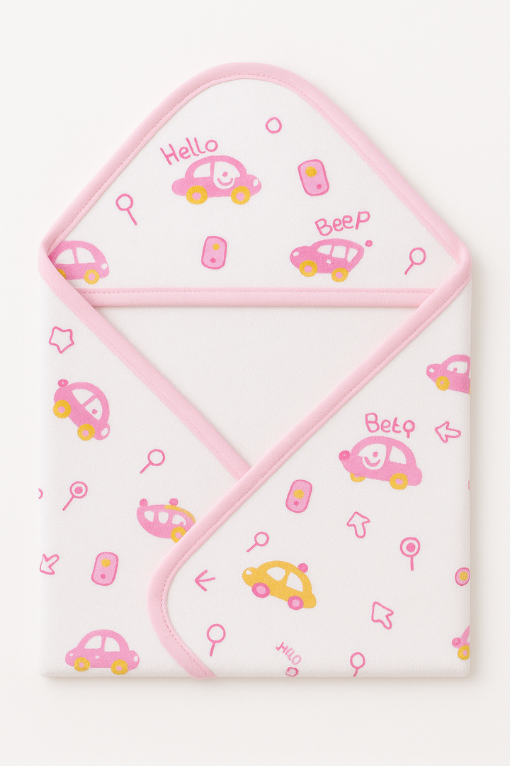 Winter baby hooded wrapping sheet with cute car print – 30x29 inches