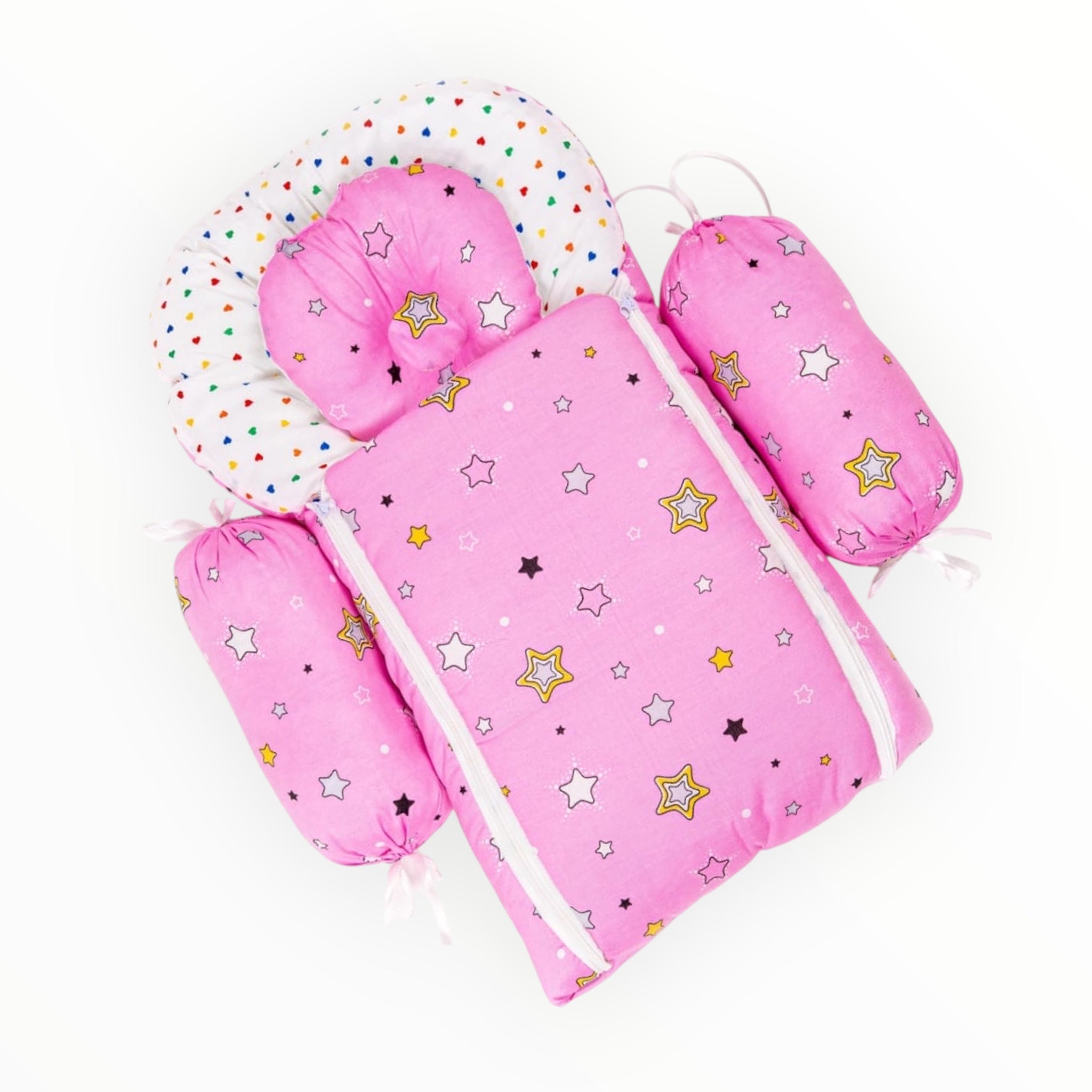 Pink Star Print Baby Bedding Set with Mattress, Pillow & Bolsters – Soft Cotton Bedding for Newborns