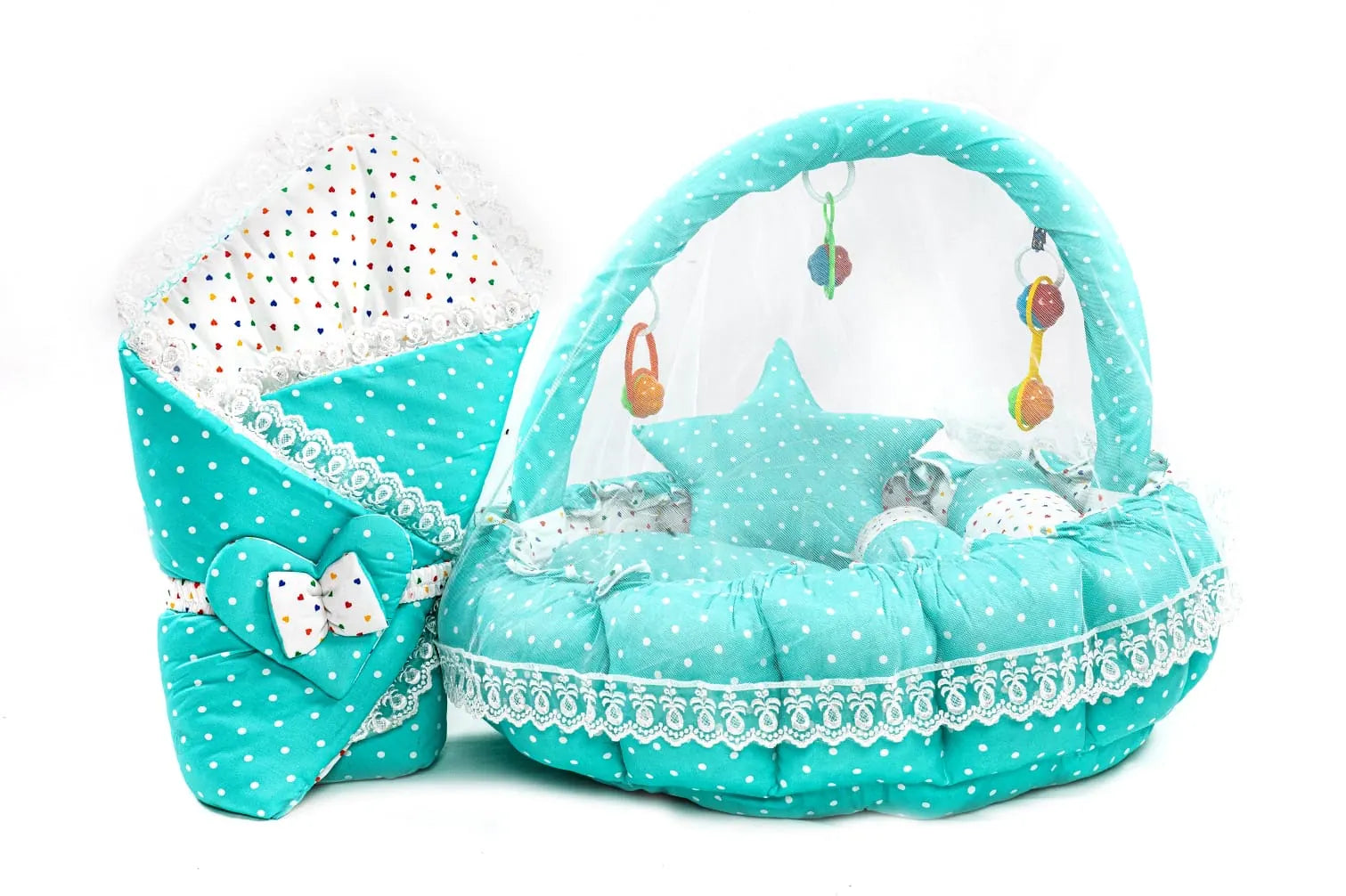 Mint Green Polka Dot Baby Snuggle Nest Bed Set with Mosquito Net in Pakistan