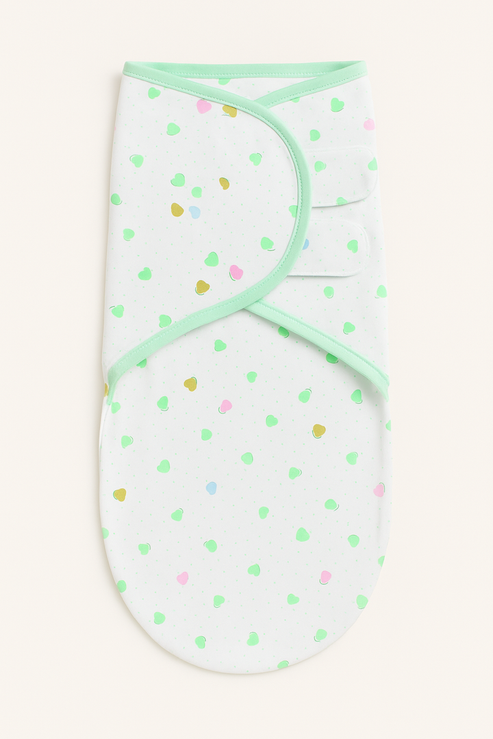 Green adjustable infant swaddle wrap for newborns with Velcro closure