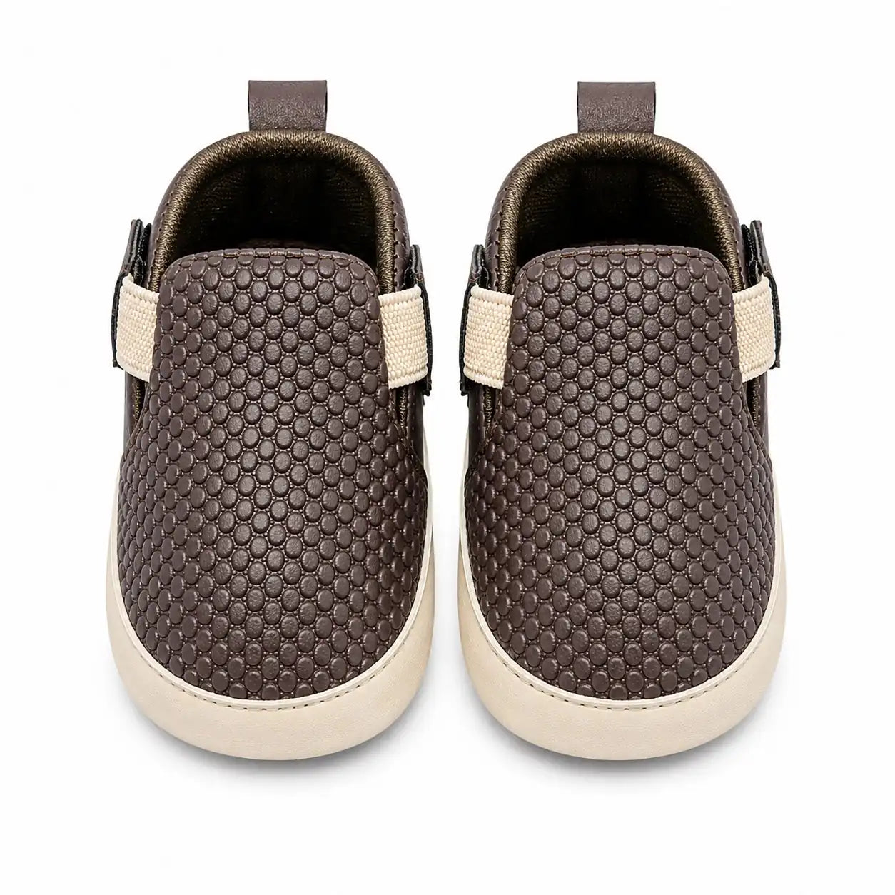 Front view of brown textured baby slip-on first walker shoes with cushioned lining and elastic side closure