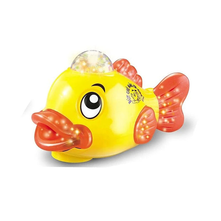 Interactive moving fish toy for kids with lights and music for fun playtime.