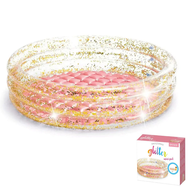 Sparkling inflatable glitter pool (34" x 10") designed for kids. Perfect for fun water play, outdoor splashing, and summer relaxation.