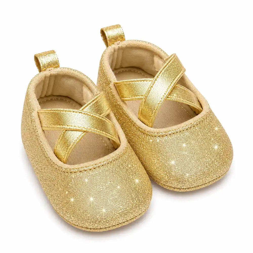 Golden glitter baby girl shoes with cross straps in Pakistan