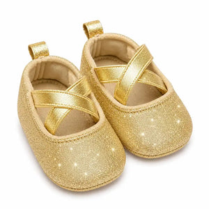 Golden glitter baby girl shoes with cross straps in Pakistan