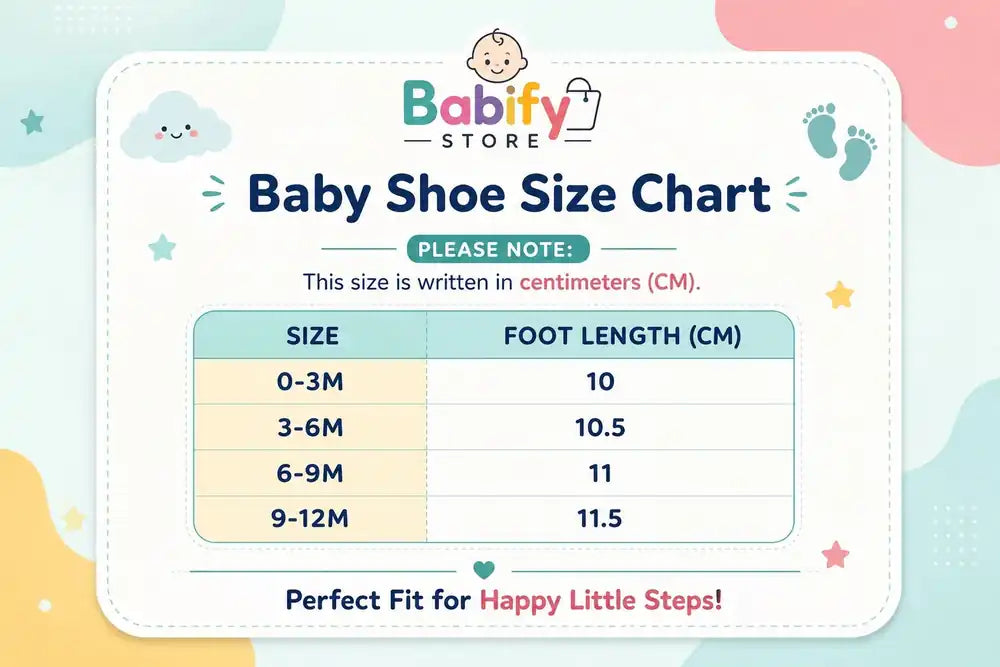 Size chart for golden glitter baby girl crib shoes showing available baby shoe measurements