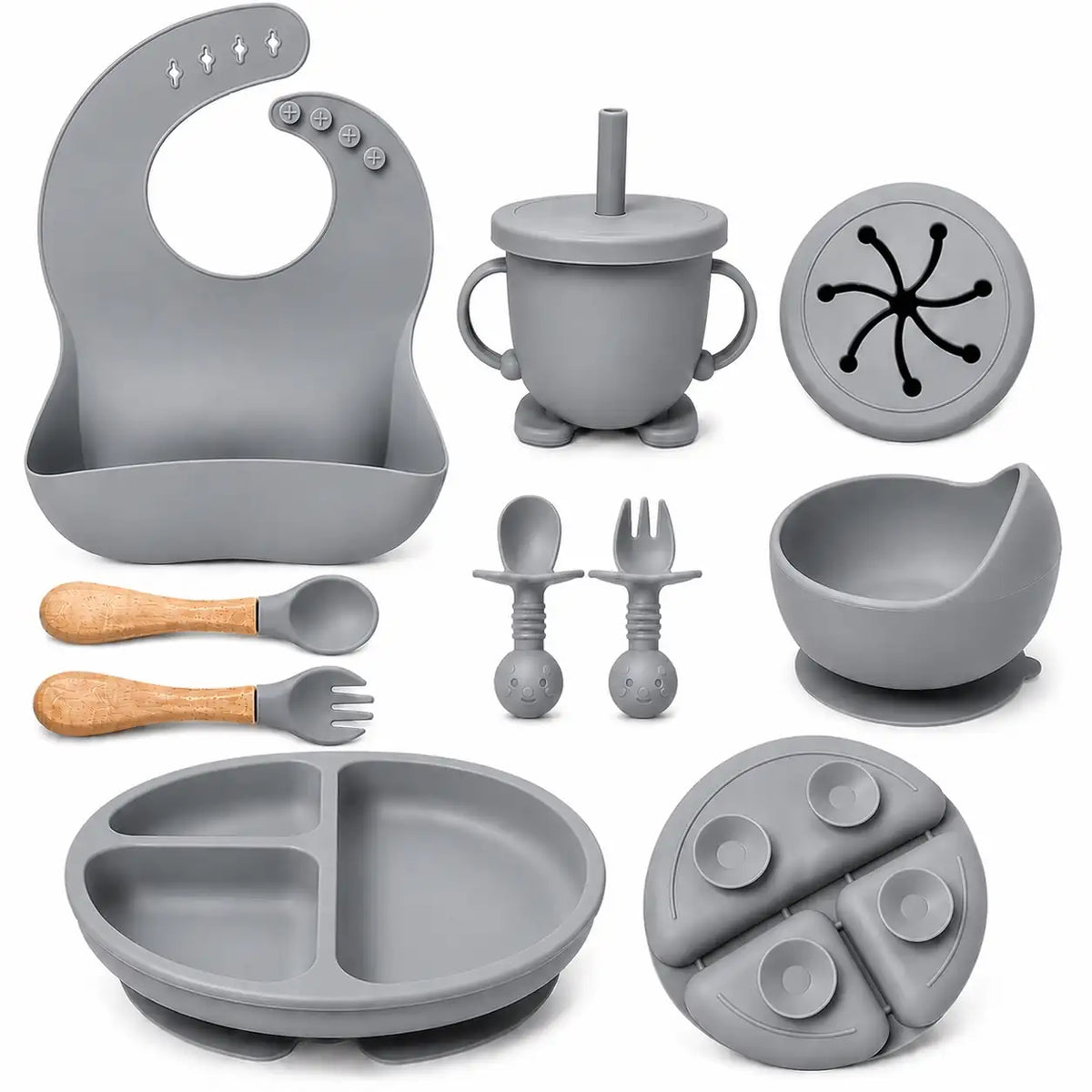 grey silicone baby feeding set with plate bowl bib cup and spoons