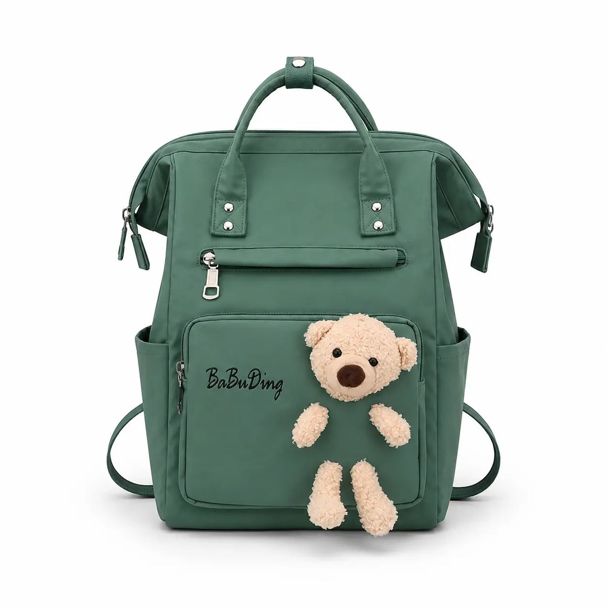 Green baby diaper bag backpack with teddy bear front view