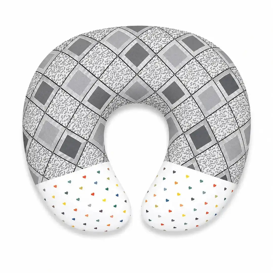 Grey baby nursing and feeding pillow with checkered heart print in Pakistan