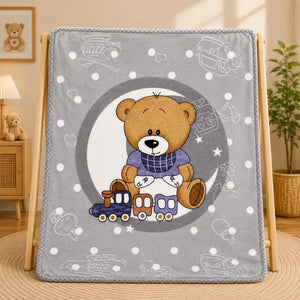 Baby soft blanket grey teddy bear train design in Pakistan