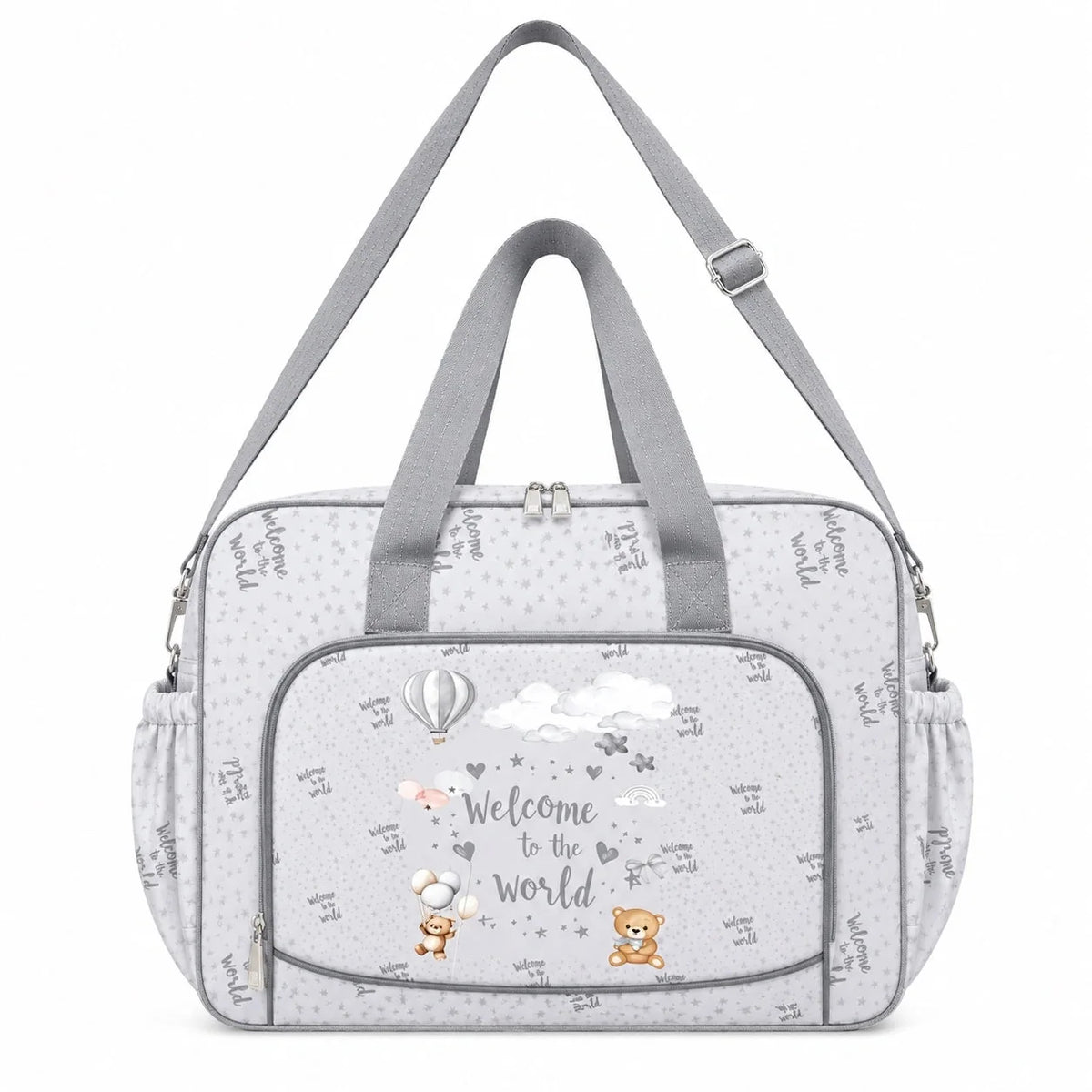Grey baby diaper bag with shoulder strap and Welcome to the World print in Pakistan