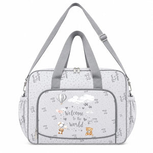 Grey baby diaper bag with shoulder strap and Welcome to the World print in Pakistan