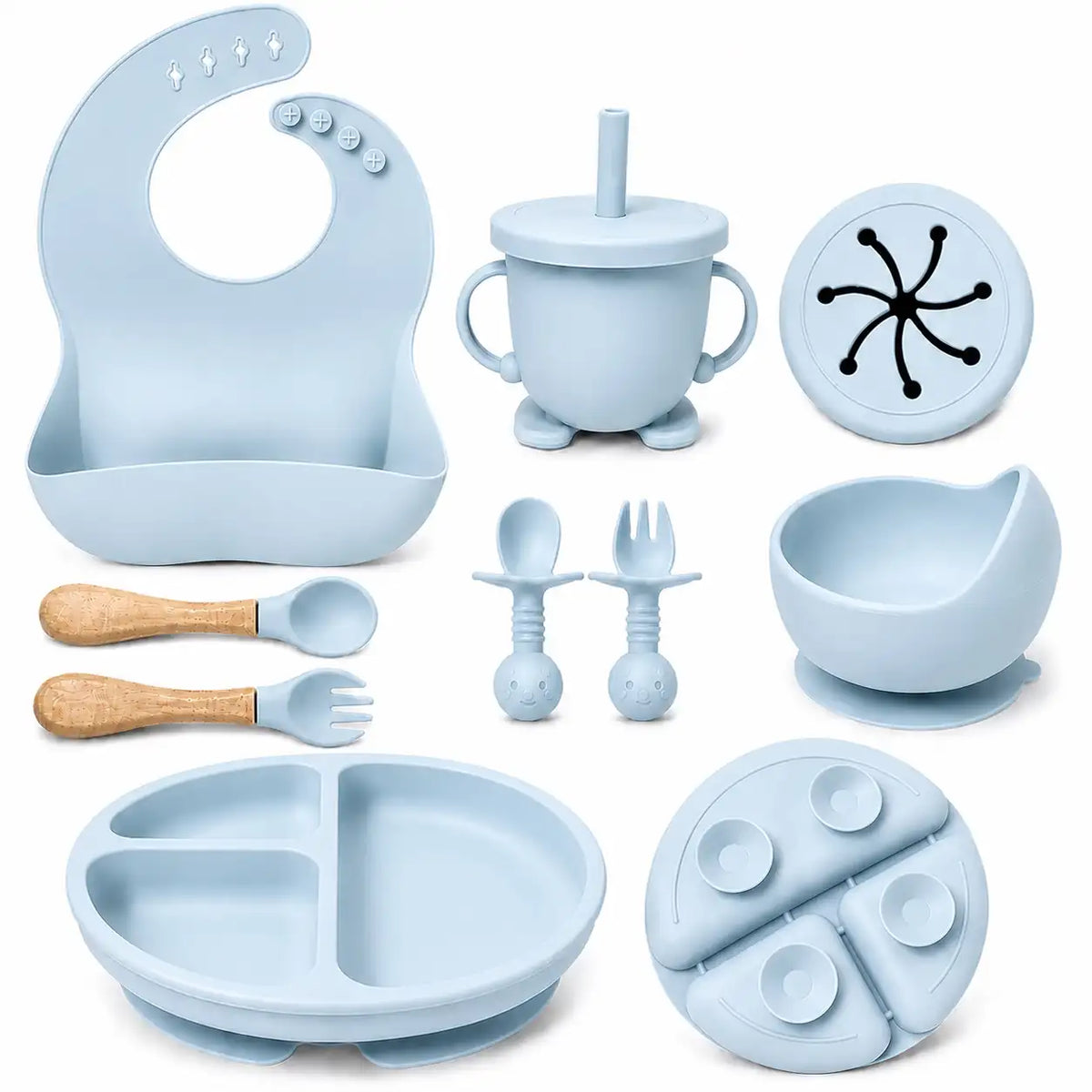 blue silicone baby feeding set with suction plate and bib