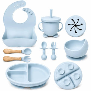 blue silicone baby feeding set with suction plate and bib
