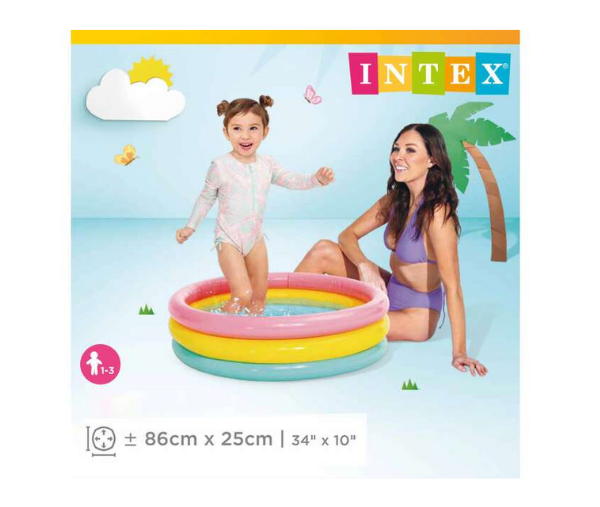 Intex Sunset Glow Baby Pool (86 x 25 cm) is a round inflatable swimming pool for kids, featuring vibrant colors and durable material for endless water fun.