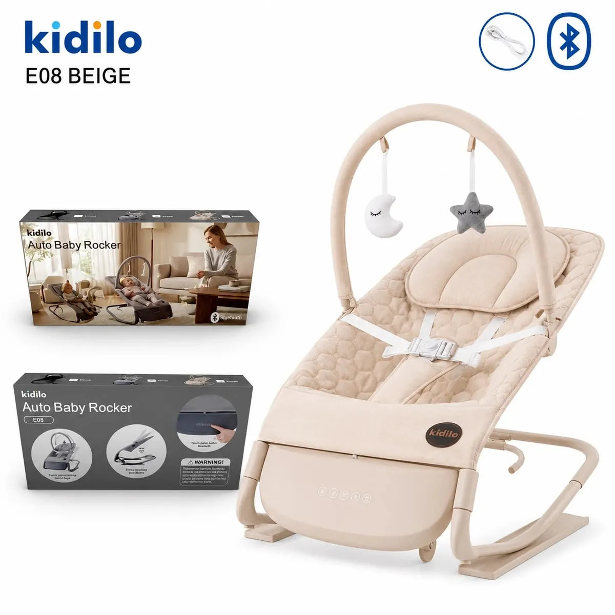 Kidilo E08 Beige Auto Baby Rocker with Bluetooth in Pakistan