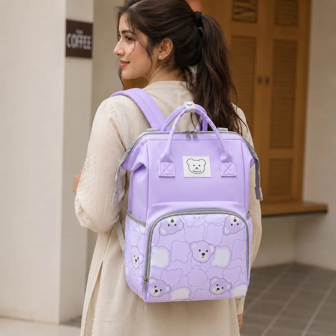 Lavender bear print baby diaper bag backpack front view