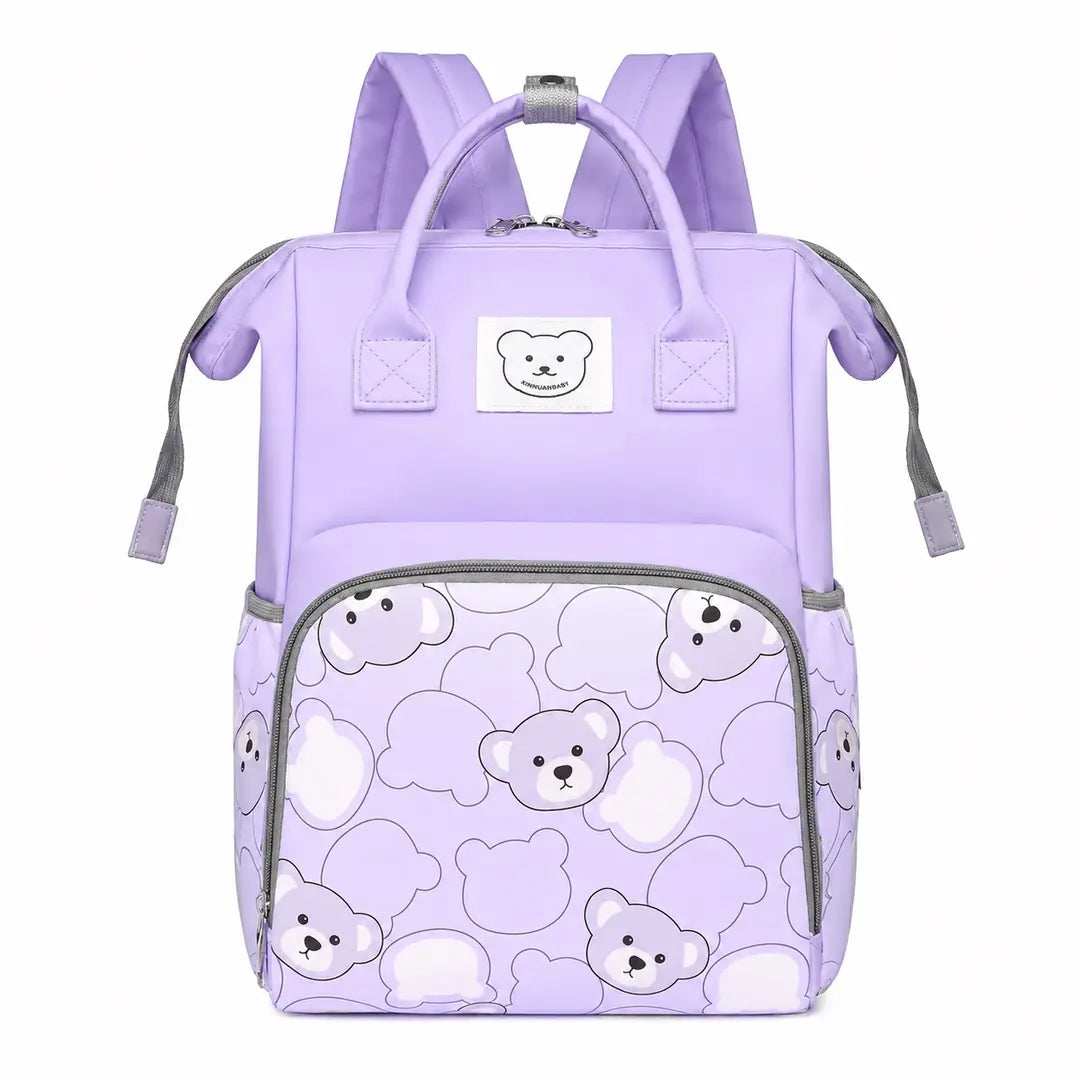 Lavender baby diaper bag backpack with bear print worn by mother