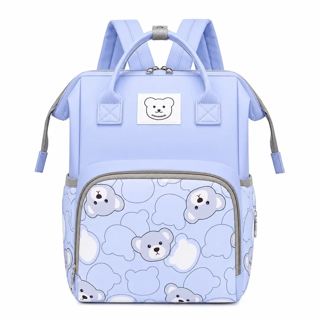 Light blue bear print baby diaper bag backpack front view