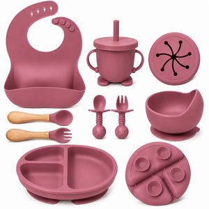 Maroon Silicone Baby Feeding Set with Bib, Plate, Bowl, Cup, Spoon and Fork 