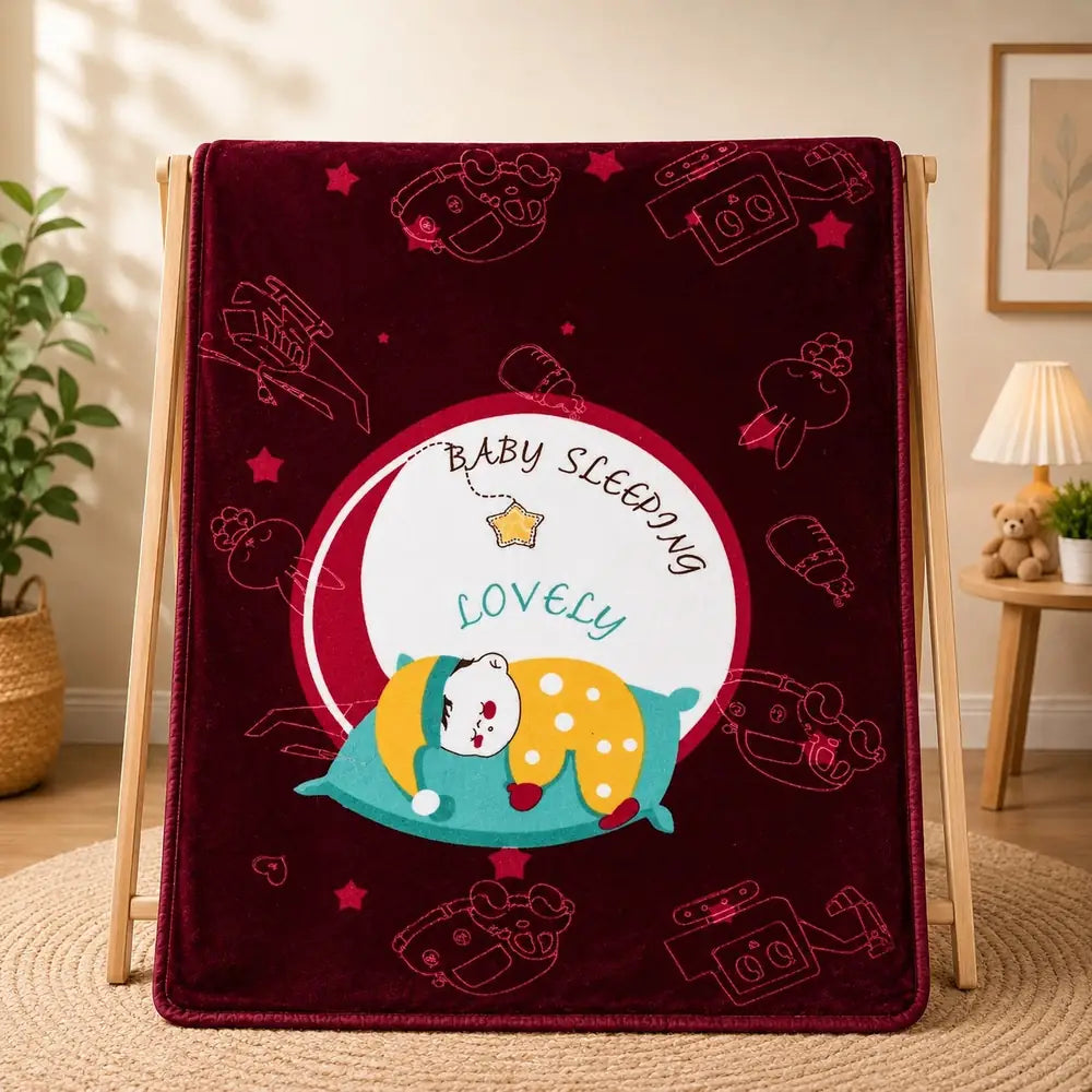 Maroon baby soft blanket with sleeping baby design in Pakistan