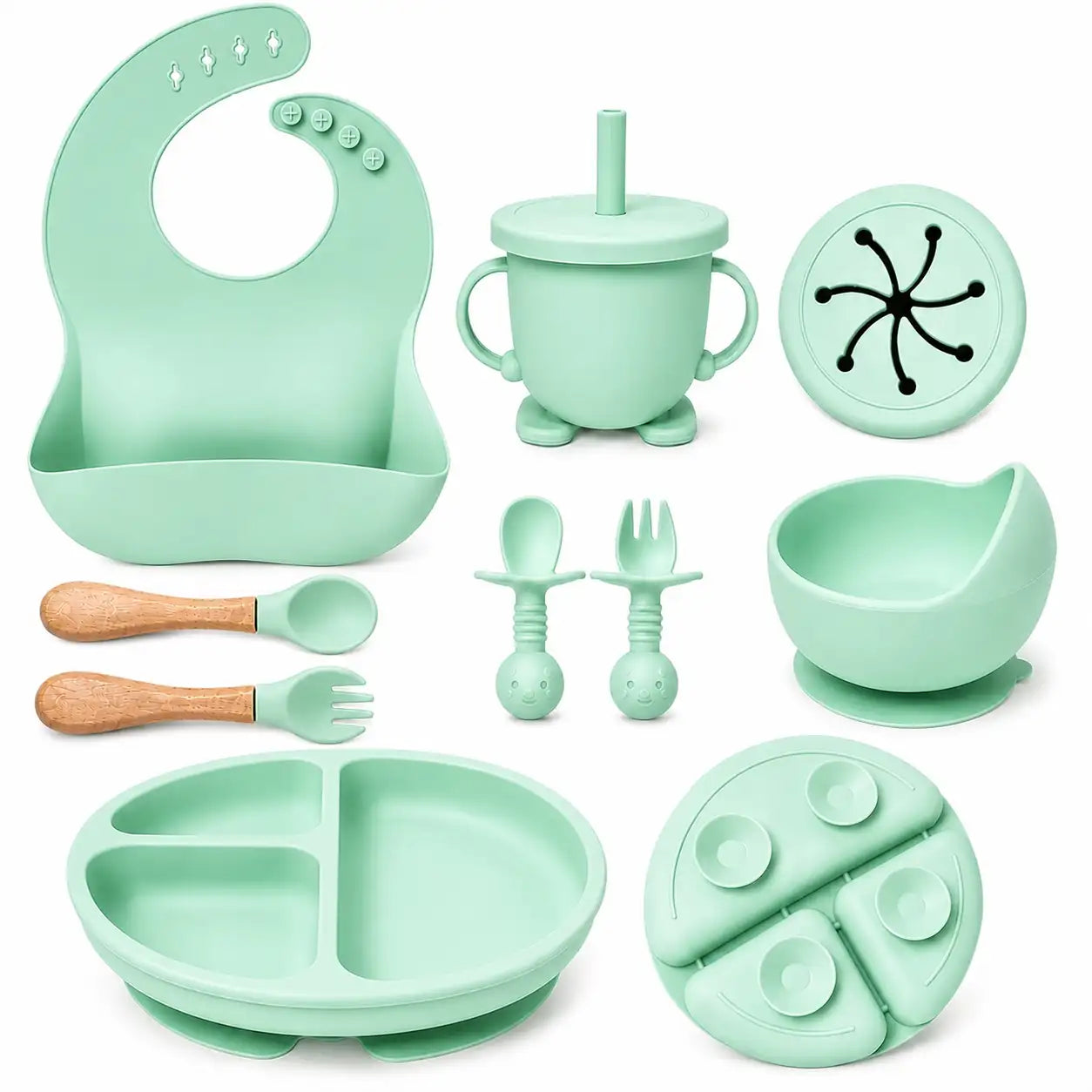 mint green silicone baby feeding set with bib and feeding utensils