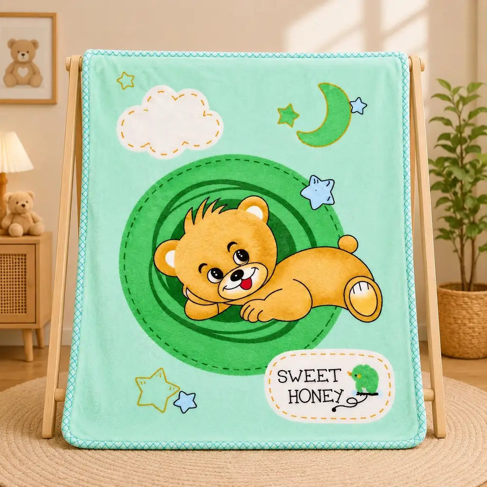 Mint green baby soft blanket with teddy bear Sweet Honey design in Pakistan