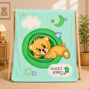 Mint green baby soft blanket with teddy bear Sweet Honey design in Pakistan