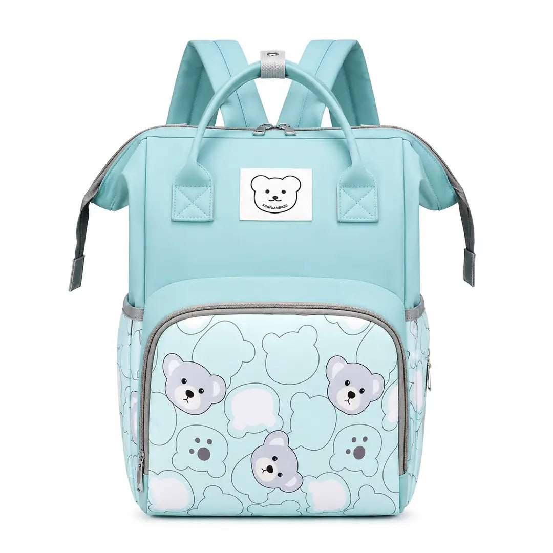 Mint green bear print baby diaper bag backpack front view