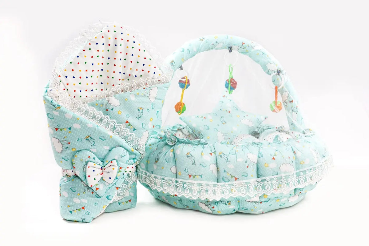Mint green baby snuggle nest bed set with mosquito net and bedding in Pakistan