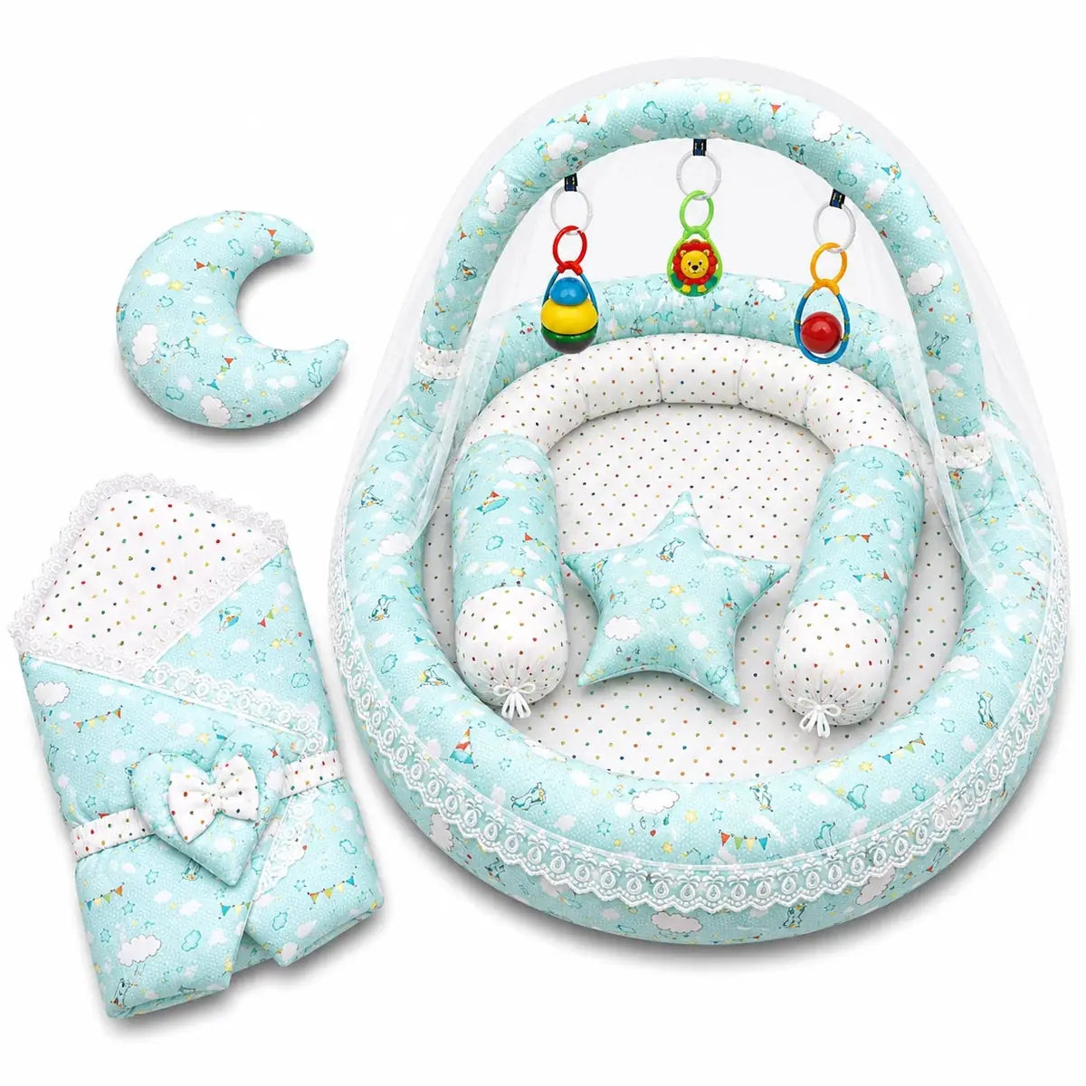 Mint green baby snuggle nest bed set with mosquito net and pillows in Pakistan