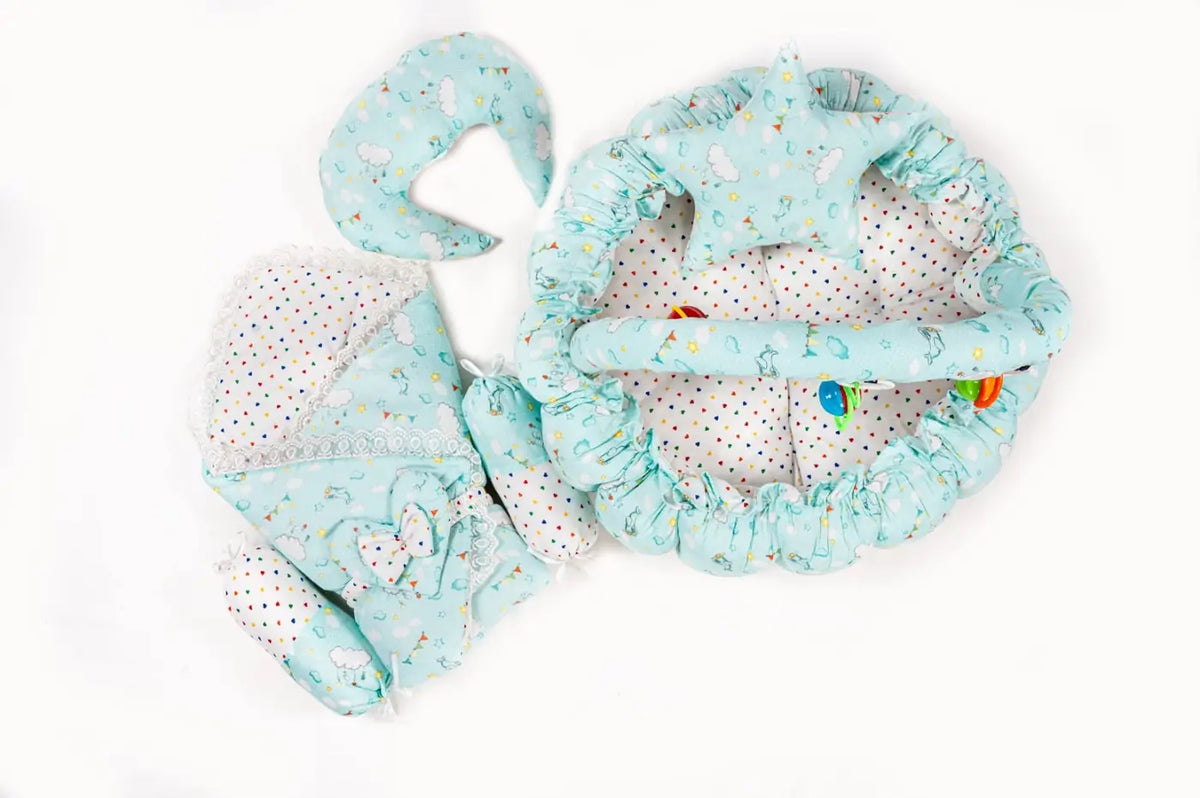 Mint green baby snuggle nest bed set with bedding and pillows in Pakistan