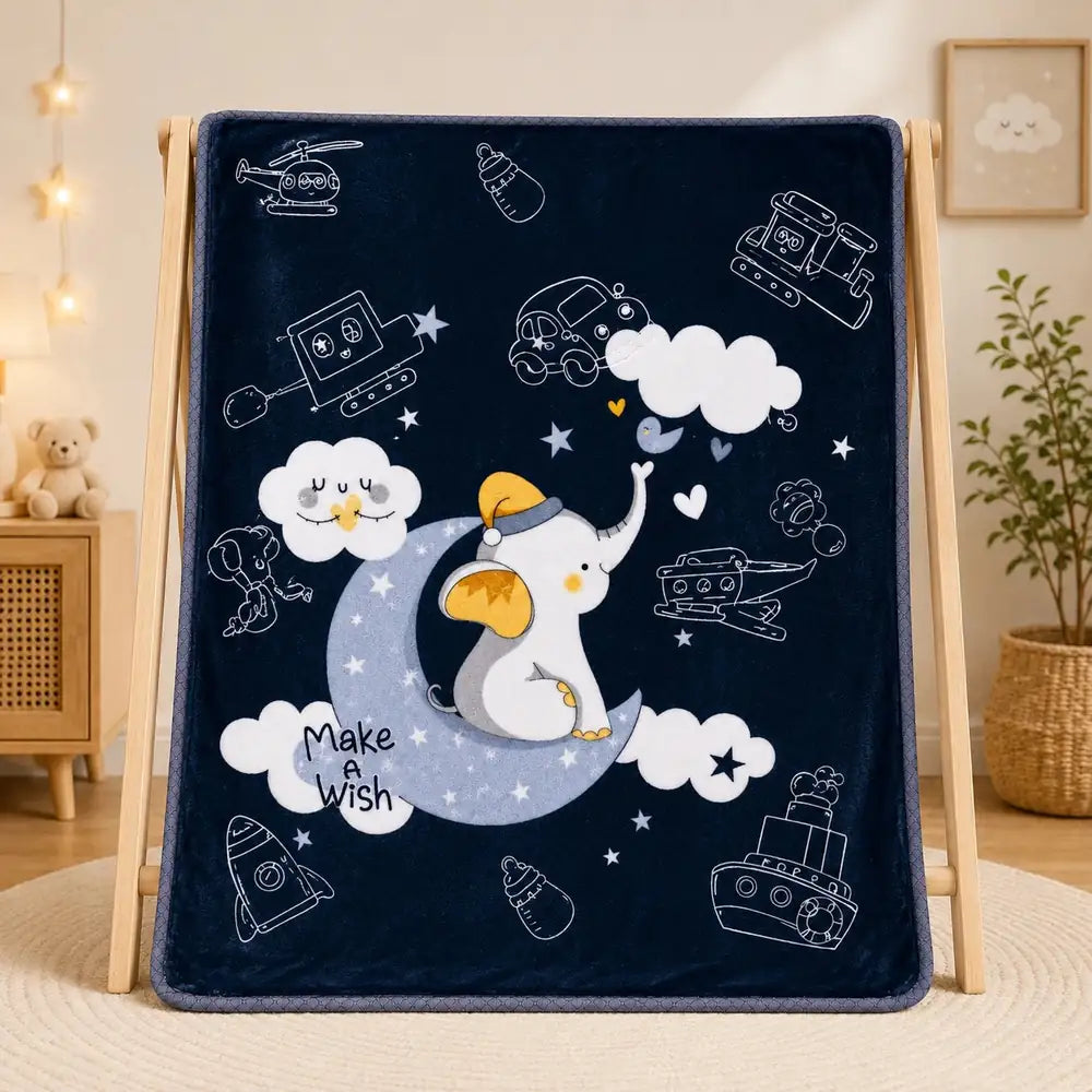 Navy blue baby soft blanket with elephant moon Make a Wish design in Pakistan