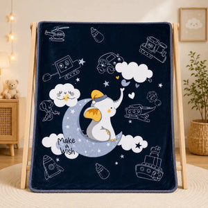 Navy blue baby soft blanket with elephant moon Make a Wish design in Pakistan