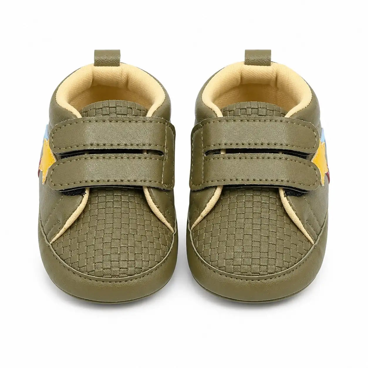 Front view of olive green double strap baby shoes with cushioned lining and textured toe design for 0–12 months