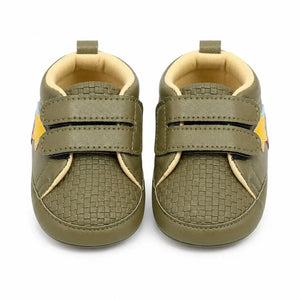 Front view of olive green double strap baby shoes with cushioned lining and textured toe design for 0–12 months