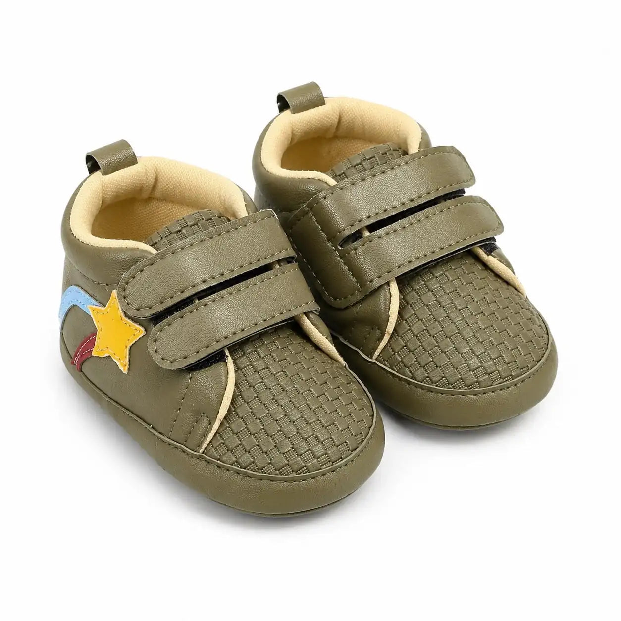 Olive green baby first walker shoes with double hook and loop straps, textured upper and colorful star side patch