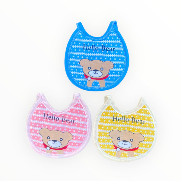 Pack of 3 soft and waterproof foam bibs, ideal for keeping babies clean during meals.