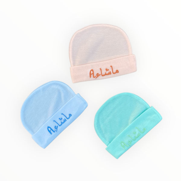 Pack of 3 Masha Allah Caps – Soft Cotton Baby Caps (0-6 Months)