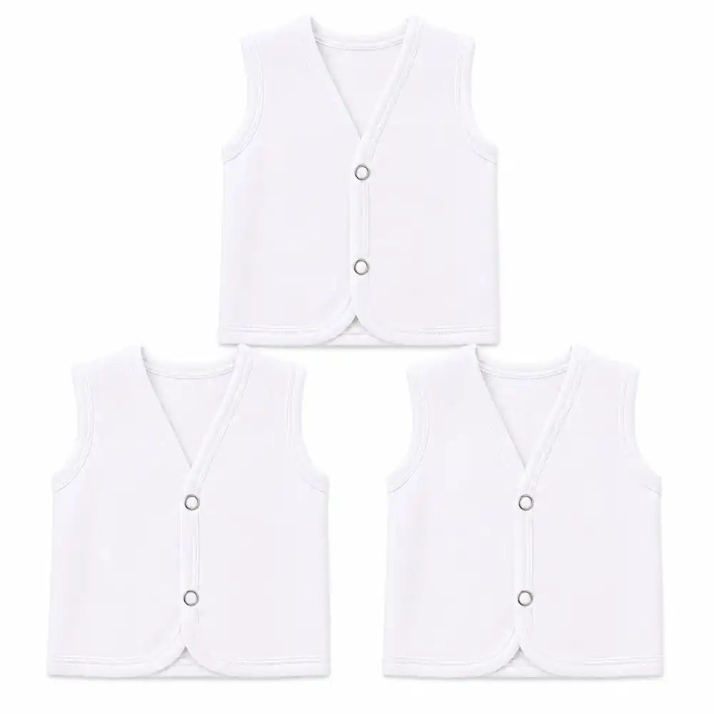 Pack of 3 white baby sleeveless vests with snap buttons in Pakistan