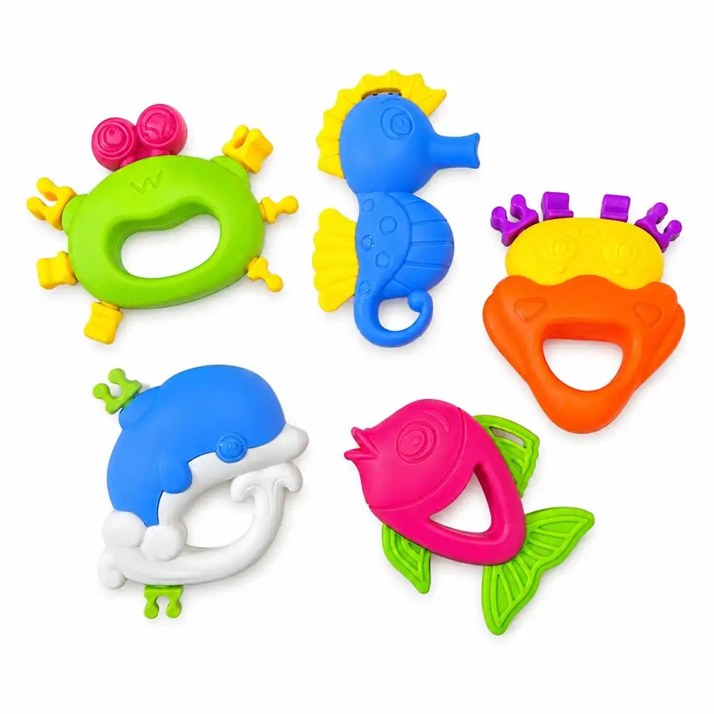 Colorful baby rattle and teether toys set in Pakistan