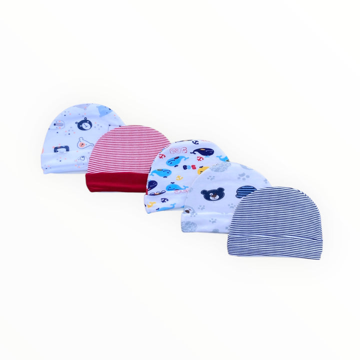 A set of five unisex cotton caps for newborns (0-6 months), made from soft and breathable fabric, designed to keep your baby warm and comfortable. Available in neutral colors and patterns, perfect for boys and girls.