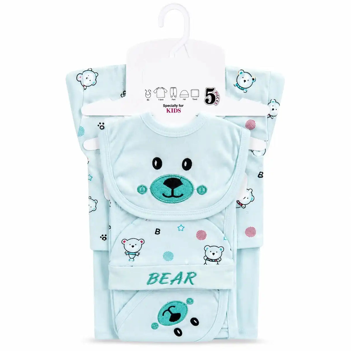 Baby blue 5 Pcs Bear Design newborn starter set in soft interlock with embroidered bear face