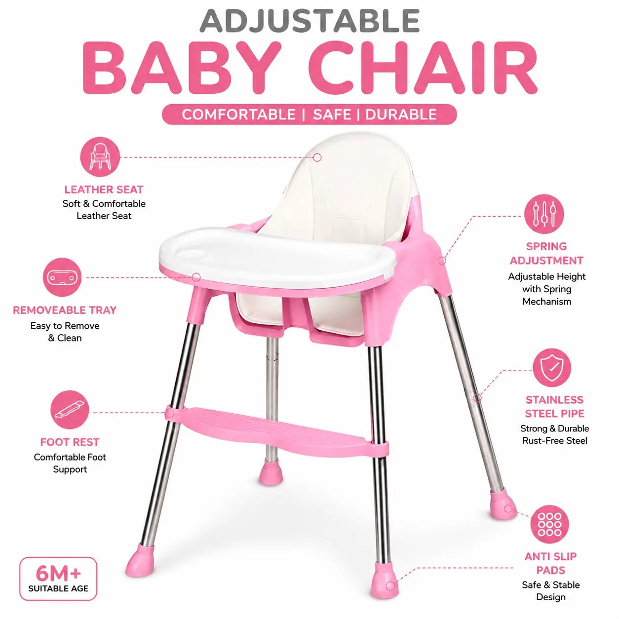 Pink adjustable baby feeding chair with leather seat and footrest