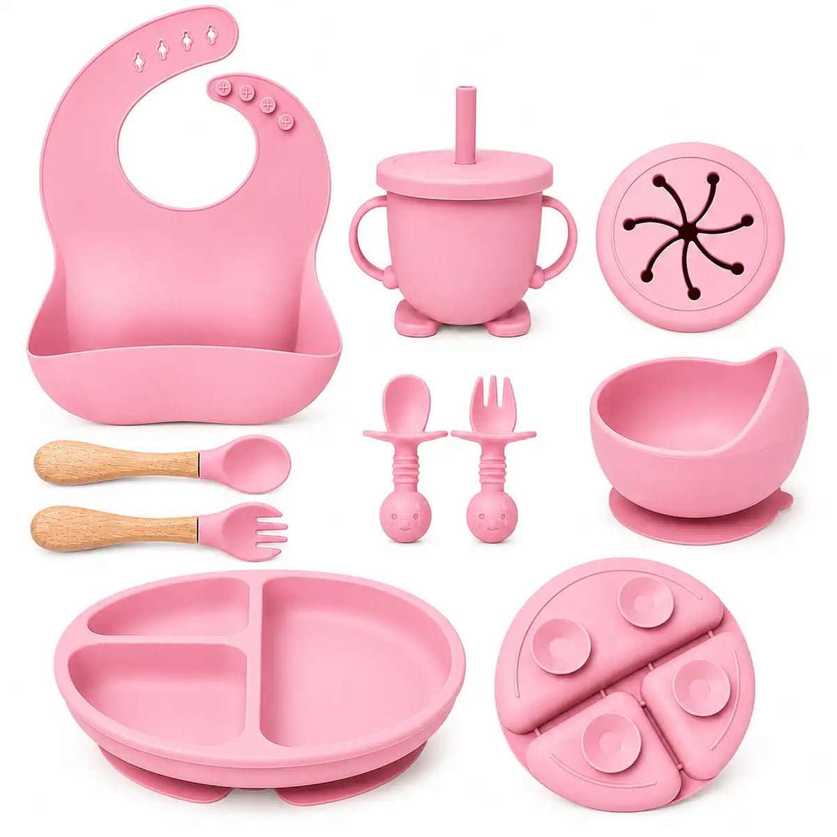 pink silicone baby feeding set with bib cup plate and utensils