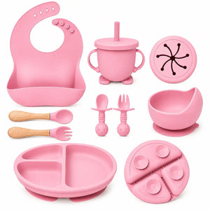 pink silicone baby feeding set with bib cup plate and utensils